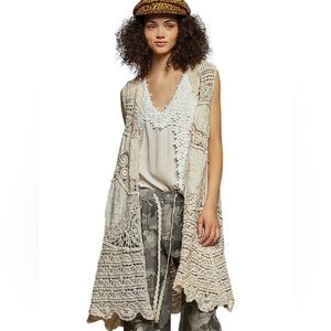 POL Cream Crochet Long Vest